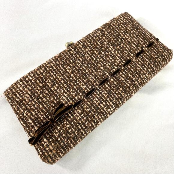 Vintage Worthington Tweed Bag Framed Clutch Brown Kiss Lock Old Money Gold Chain - Picture 2 of 6